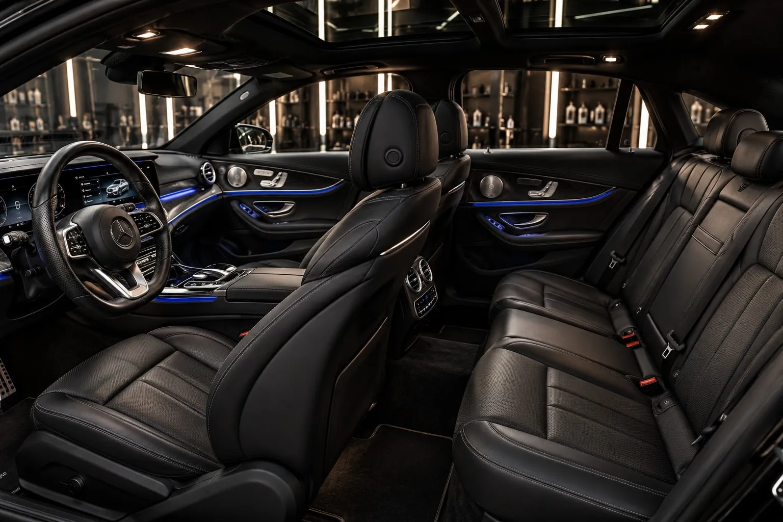 Car interior with several rows of seats