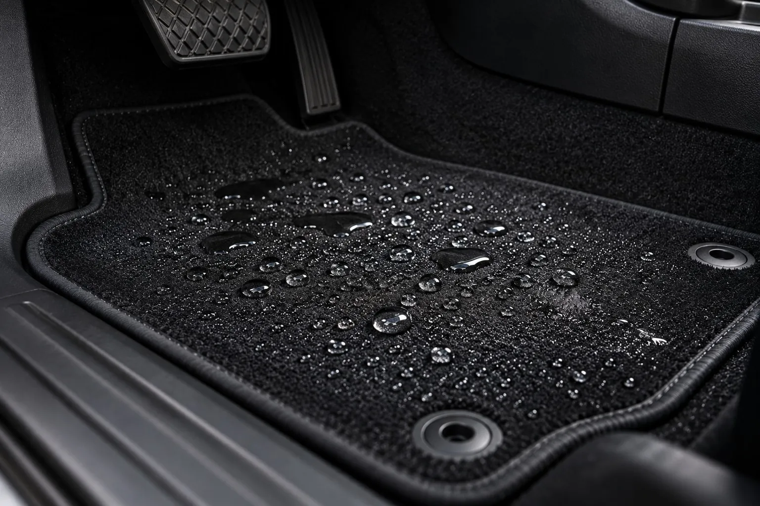 Water beading on a protected car mat