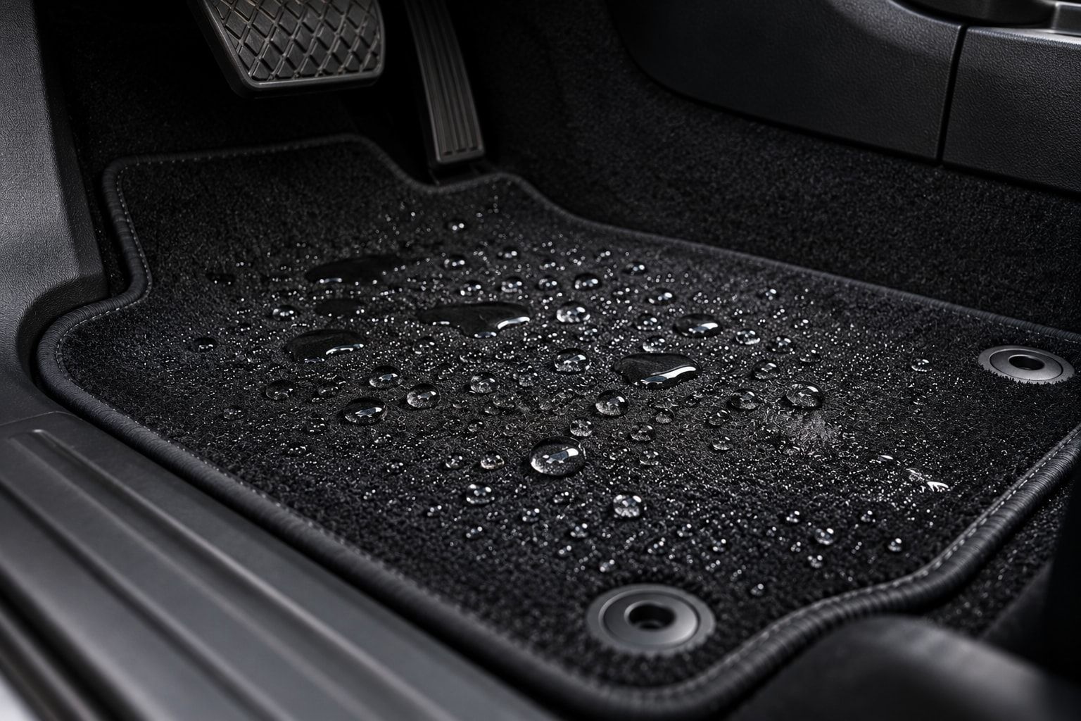 Water beading on a protected car mat