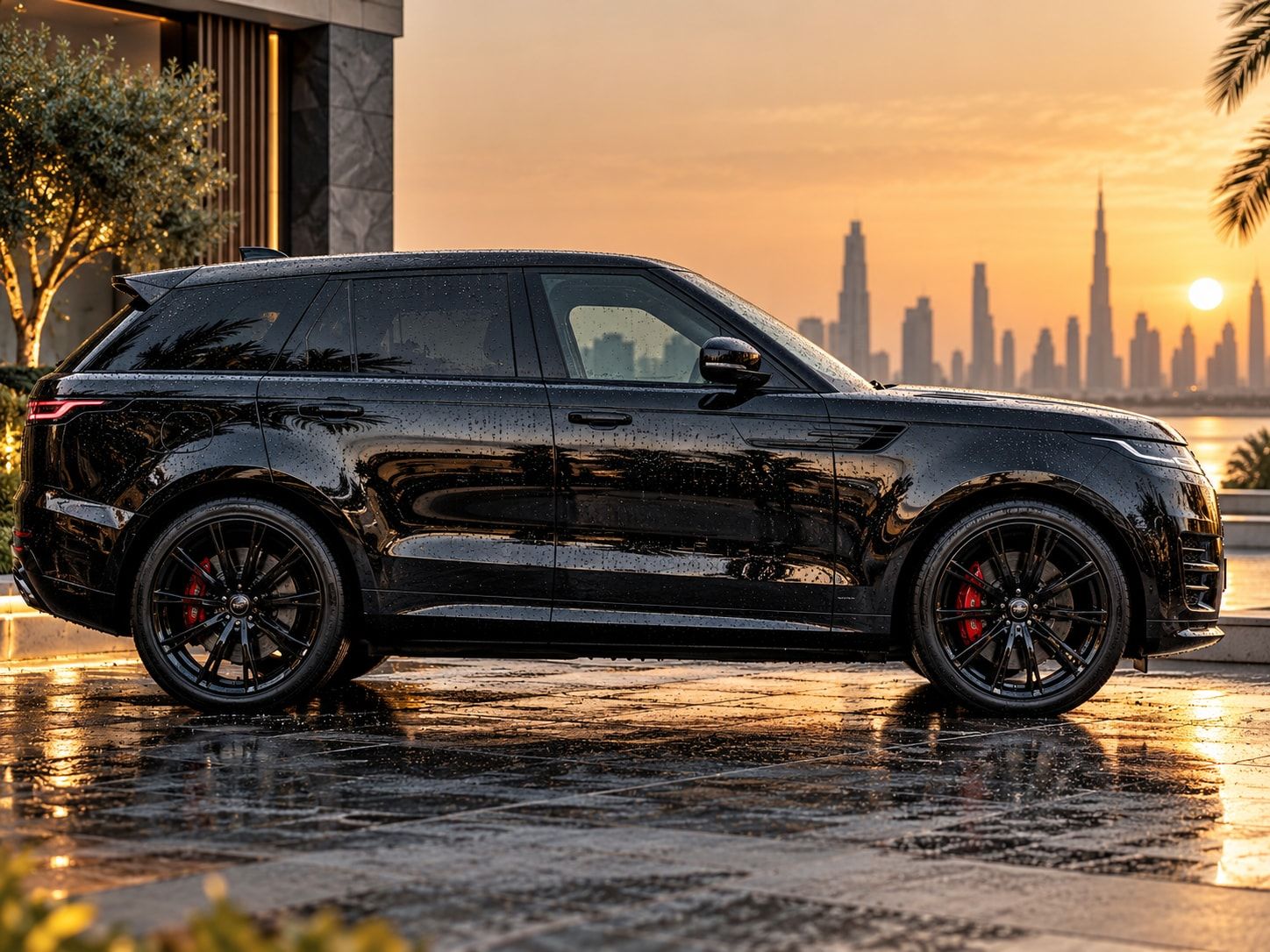 Glossy black SUV after an exterior detail, Dubai skyline at sunset