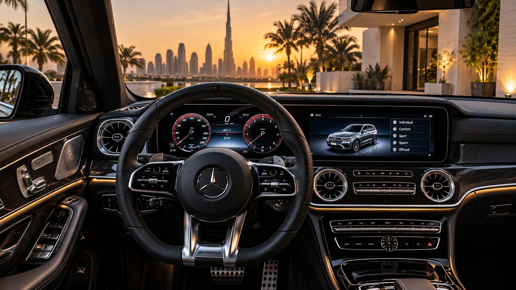 Clean car cabin with steering wheel, digital dashboard and Dubai skyline behind