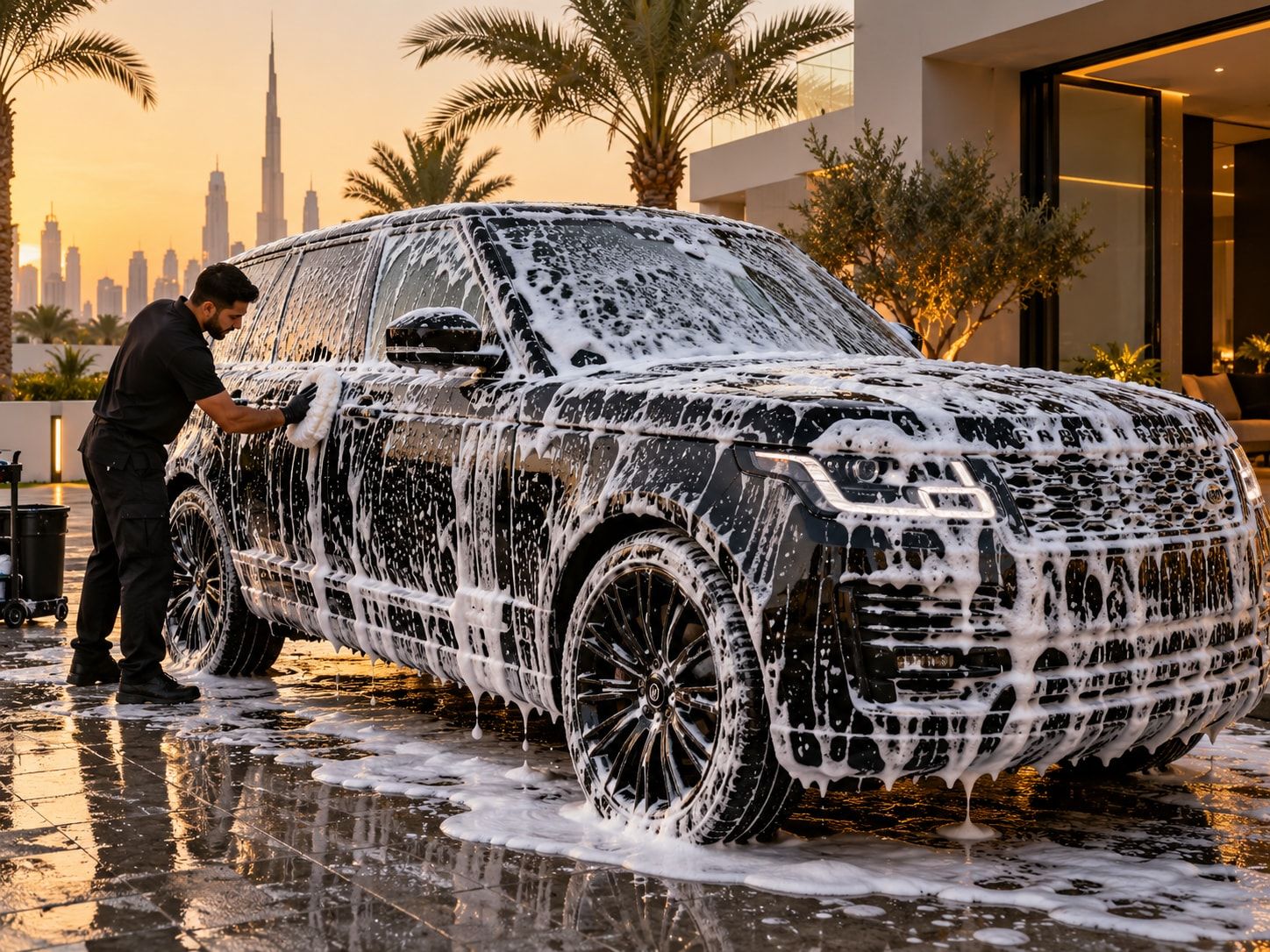 Car covered in snow foam during a hand wash